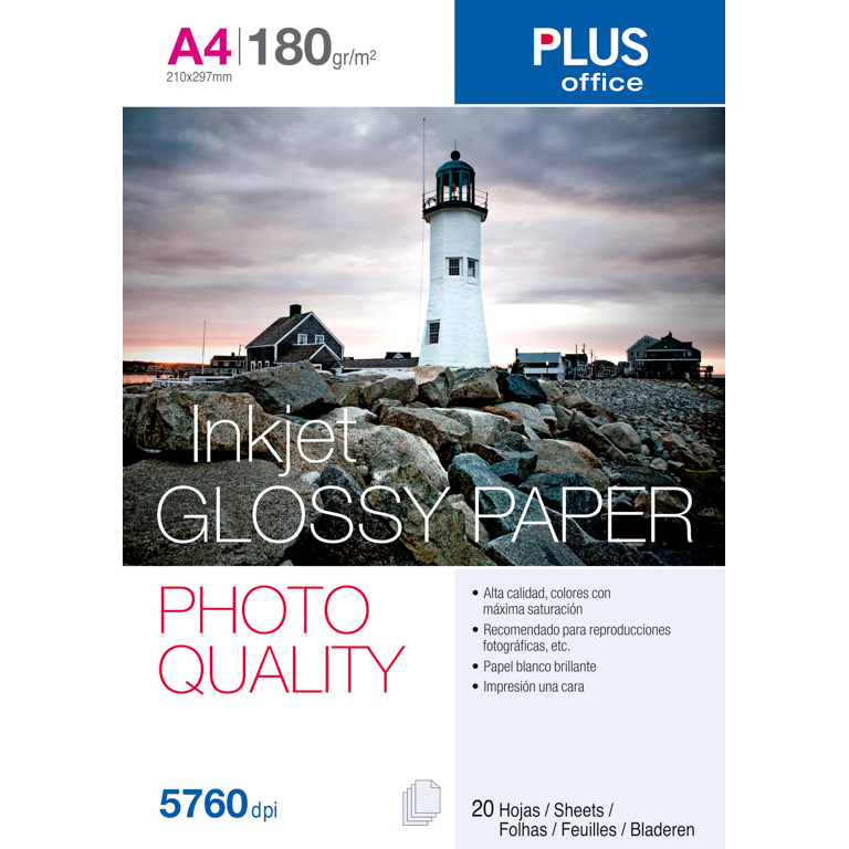PAPEL FOTOGRÁFICO A4 PLUS OFFICE GLOSSY PAPER 5760 DPI 180 GRAMOS PAQUETE 20 HOJAS